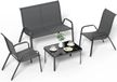 Set de jardin 4 pièces - Groupe assise composée de 2 chaises, un banc et une table - Cadre en métal avec revêtement en Textilène - Convient pour 4 personnes - Résistant aux intempéries, idéal pour balcon ou terrasse - Gris, modèle 1