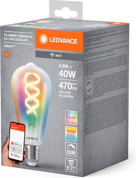 Ledvance SMART+ WIFI LED lamp, wit glas, 4,8W, 470lm, Edison-vorm met 64 mm diameter en E27 voet, instelbare kleur en wit licht, dimbaar, app of spraakbediening, lange levensduur