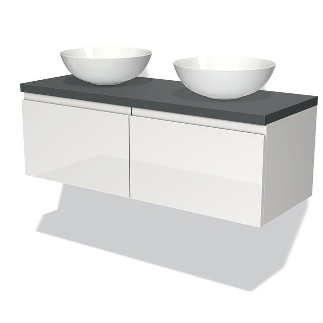 Maxaro Badkamermeubel Modulo Plato 120cm Hoogglans Wit 2 Lades Greeploos Donkergrijs Blad