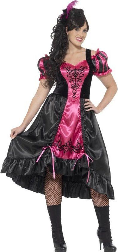 Smiffys Saloon / Bardame Roze Zwart met Veer maat XXL ( 52-54)