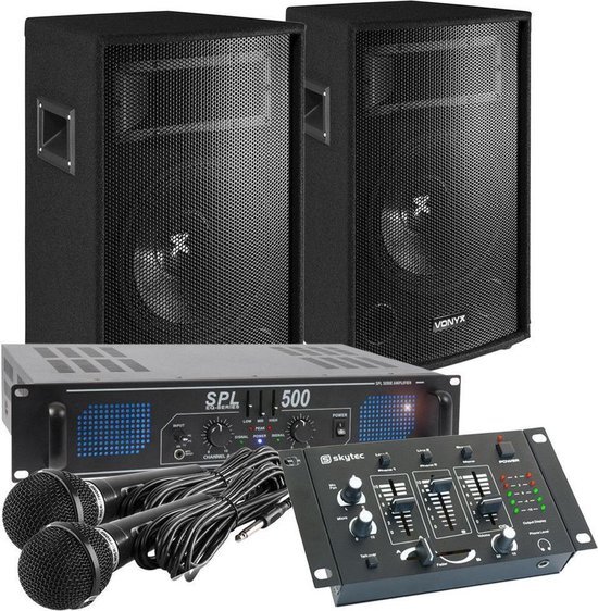 Karaoke set - Complete 500W karaokeset met karaoke microfoons, mixer, speakers, versterker en kabels - Direct zingen!