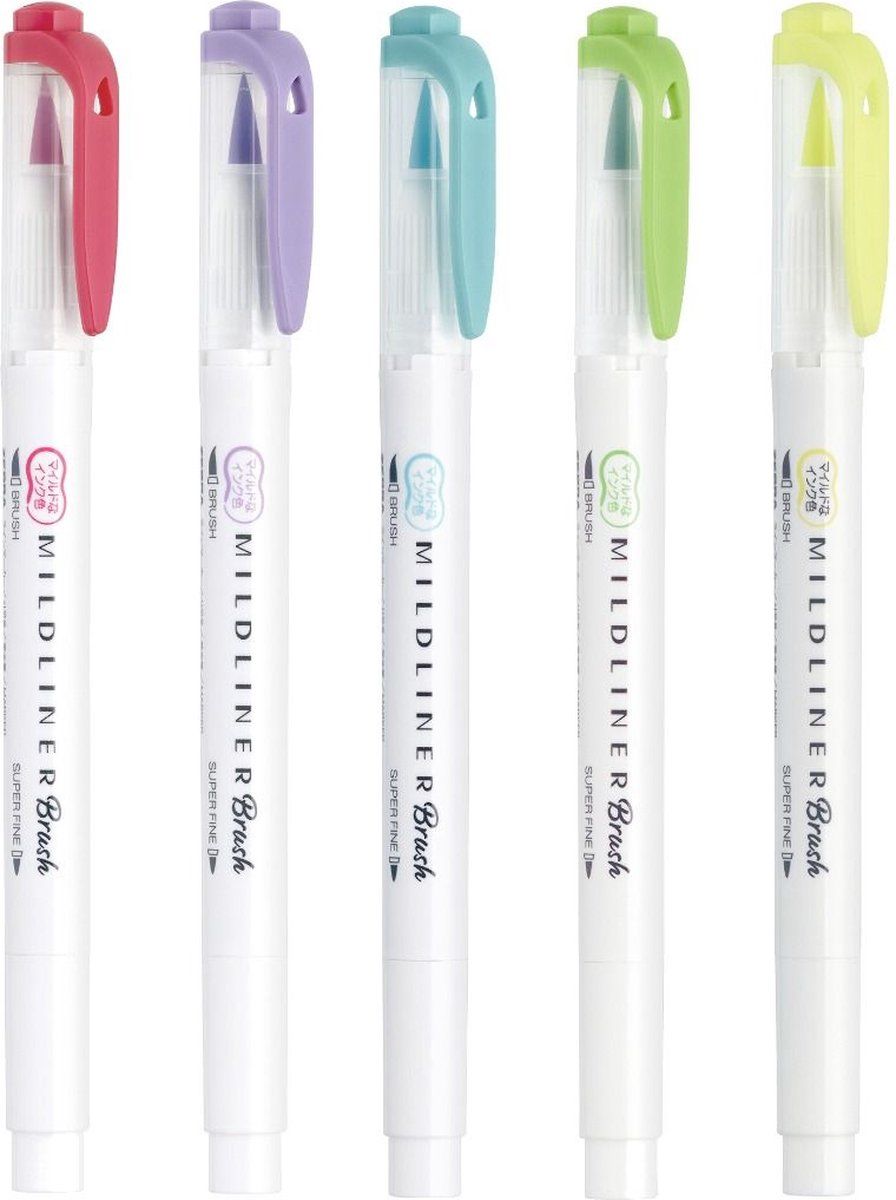 Zebra Mildliner Brush Pennen – Set van 5 Popular Colors Verpakt in een Handige Zipperbag