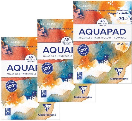 Clairefontaine Goldline Aquapad – Set van 3 Stuks – A5 – 70 Vellen per Blok – 300 g – Aquarelpapier