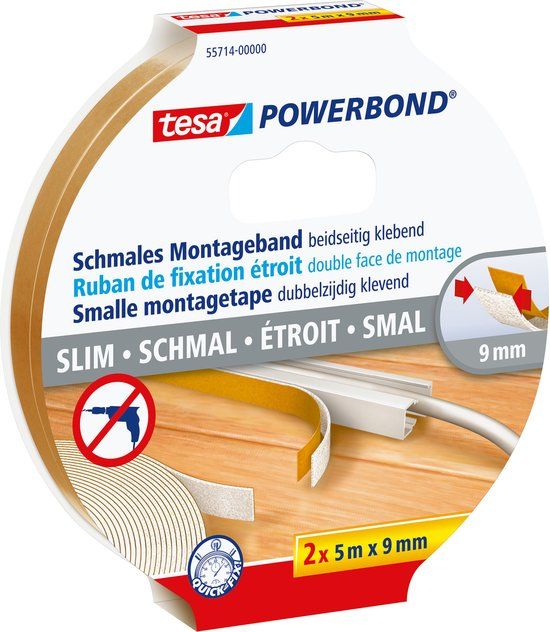 tesa Powerbond Smal - Dubbelzijdige montagetape - Wit - 5mx9mm