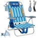 OVERMONT Lage strandstoel met koeltas - 6 posities plat neerleggen - brede zitting met lendensteun, campingstrandstoelen - 150 kg ondersteuning - perfect voor zomer, reizen en buiten, blauw