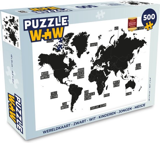 MuchoWow Puzzel Wereldkaart - Zwart - Wit - Simpel - Legpuzzel - Puzzel 500 stukjes