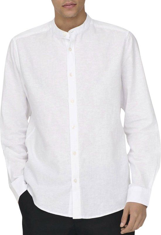 Only & Sons Caiden LS Solid Linen Mao Overhemd Mannen - Wit - Maat XL