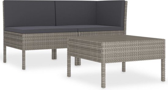 vidaXL 3-delige Loungeset met kussens poly rattan grijs