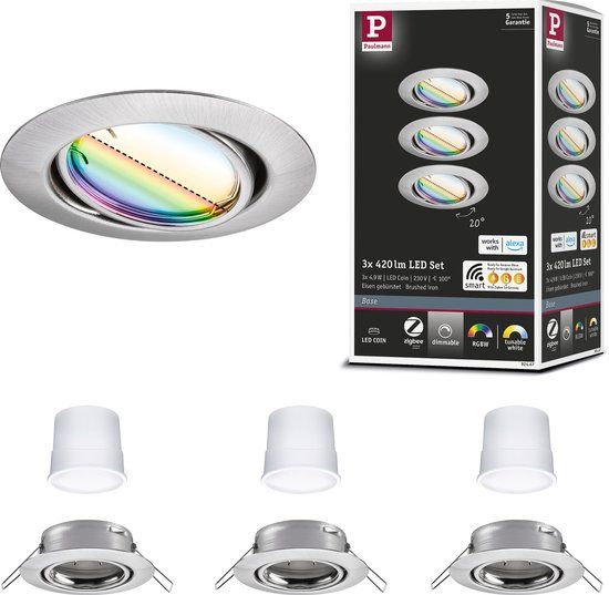 Paulmann Base inbouwspot set van 3 - Chrome mat - Zigbee - RGBW - 9cm - 3000K - 430lm - Dimbaar
