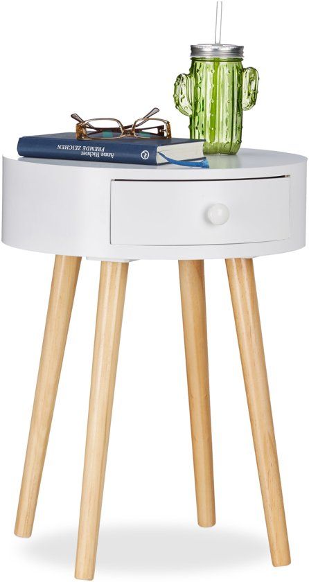 Relaxdays Bijzettafel - Rond - Met Lade - Wit - Scandinavisch Design