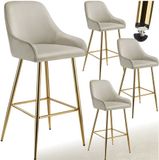 tectake® Set van 4 Barkrukken Avane - Gestoffeerde Barkruk met rugleuning - Barstoelen - Ergonomische Barstoel met voetensteun - Eetkamerstoel met fluweellook bekleding - Stevige stalen poten met antislip vloerbescherming - Crème/Goud