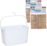 Merkloos / Sans marque Plastic Forte Wasknijpersmandje met ophanghaak - wit - en 48x houten wasknijpers 7 cm