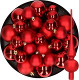 Boules de Noël en plastique avec étoile de sapin en verre rouge 6-8-10 cm paquet de 37x pièces - Décoration de sapin de Noël