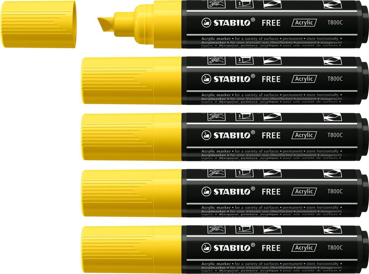 Stabilo FREE - Acryl Marker - T800C - Schuine Punt - 4-10 mm - Geel - Doos 5 stuks