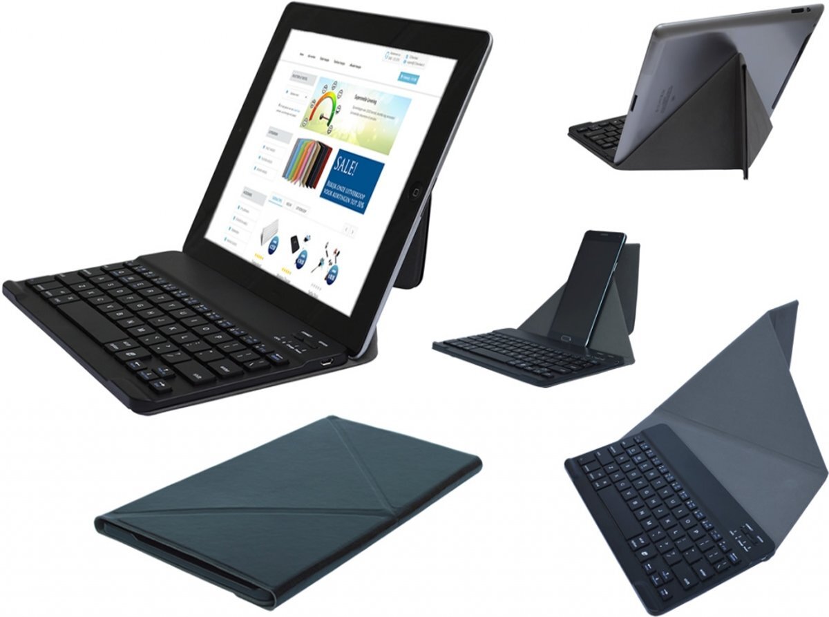 i12Cover Slim Deluxe Bluetooth keyboard / toetsenbord met stand en beschermcase, oplaadbaar (voor o.a. tablet of smartphone), zwart , merk Draadloos premium toetsenbord met standaard voor uw tablet