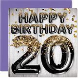 Stuff4 20e verjaardagskaart voor mannen, zwarte en gouden glitterballonnen, verjaardagskaarten voor mannen van 20 jaar, zoon, broer, oom, neef, 145 mm x 145 mm, wenskaarten voor twintig jaar