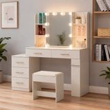 STILVORA Kaptafel - Met Schuifspiegel, Verborgen Opbergruimte En Ledverlichting - Voor Slaapkamer - MDF - Wit