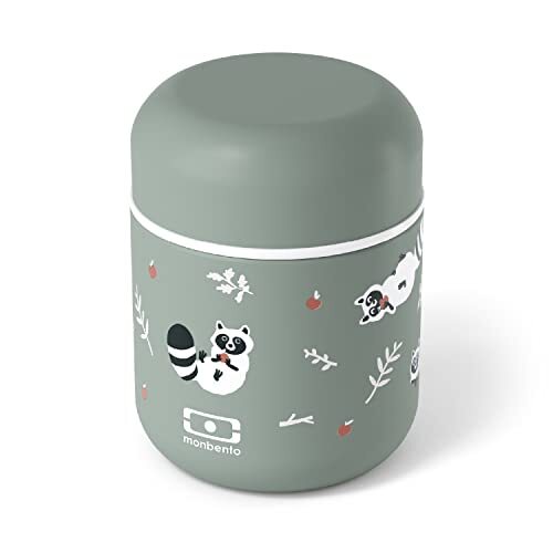 Monbento - Kleine Geïsoleerde lunchbox MB Capsule Raccoon - Lekvrij lunchtrommeltje dat uw lunch tot 5u Warm of Koud houdt- Ideaal voor Werk/School - Wasbeerpatroon - Groen