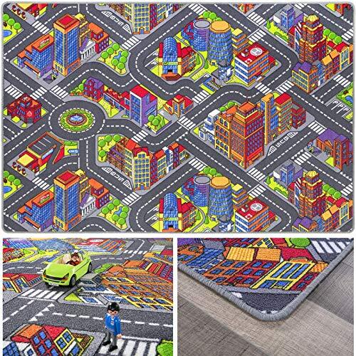 andiamo 293371 Kindertapijt Game City Kleurrijk, tapijt met gedetailleerd straatmotief, afmeting: 140 x 200 cm