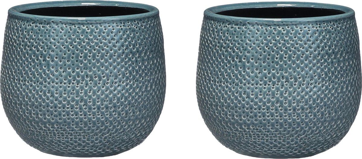 Mica Decorations Set van 2x keramiek bloempotten 14 x 16 cm geribbeld midnight blauw