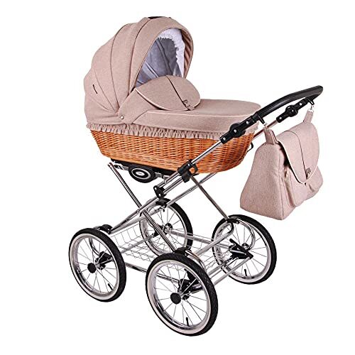 Lux4Kids Retro kinderwagen rieten mand natuur linnen handgeweven 3in1 2-in-1 Isofix RetroLen Beige RL31 3-in-1 met babyzitje