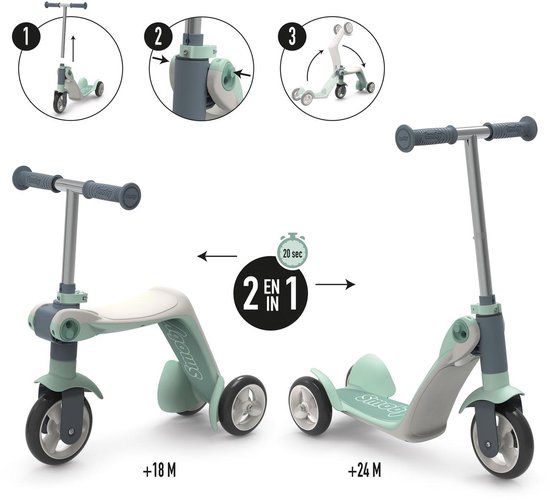 Smoby - Loopfiets om te bouwen tot scooter - 3 wielen - Groen/Wit/Grijs