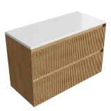Saniclass meuble de salle de bain - 100x45x62.5cm - plateau en surface solide Torino blanc - sans trou de robinet - 2 tiroirs - chêne mat naturel