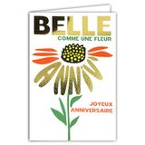 69-9018 Happy Birthday Card + Envelope, 12 x 17.5 cm, Beautiful as a Flower, Gold Word, Shiny, Letters in the Shape of Sunflower Petals, for Girls and Women, Made in France