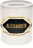 Bellatio Decorations Shoppartners Bv Spaarpot met voornaam Alexander - wit - met goud/zwart embleem - 8 x 9 cm - keramiek - met afsluitdop - cadeau verjaardag