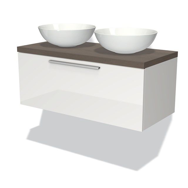 Maxaro Badkamermeubel Modulo Plato 100cm Hoogglans Wit 1 Lade Donkerbruin Eiken