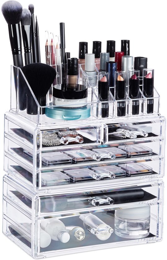 Relaxdays make up organizer met 6 lades - acryl cosmeticahouder - make-up cosmetica opslag doorzichtig