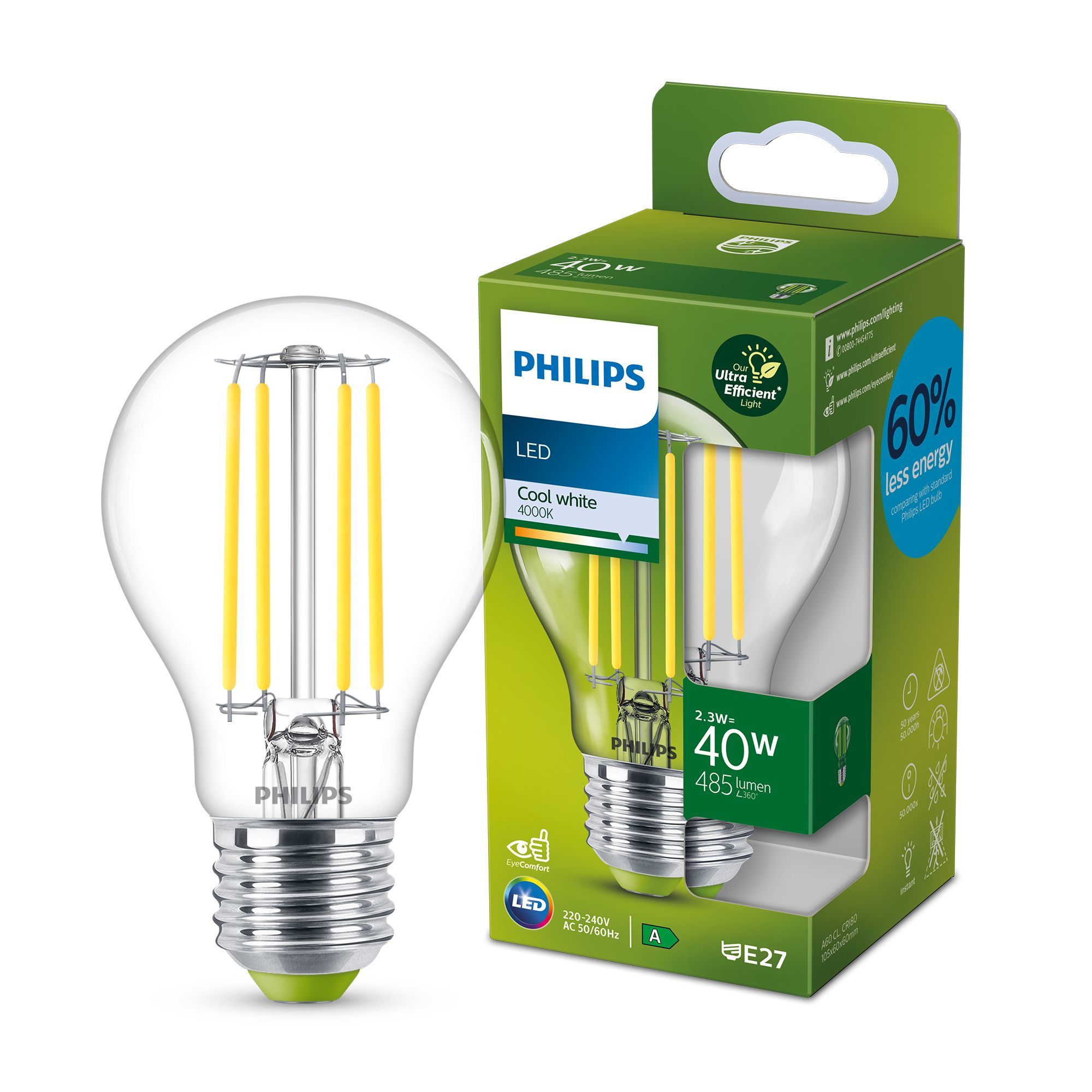 Philips LED CLA 40W A60 E27 4000K Cool White Light Bulb