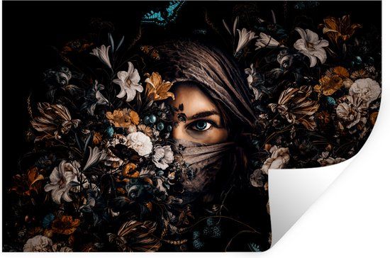 StickerSnake Muursticker - Vrouw - Bloemen - Vlinder - Portret - 120x80 cm - Multicolor