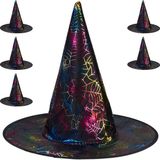 Merkloos Relaxdays Heksenhoed, set van 6, Halloween-stijl, voor volwassenen, dames, heren, tovenaarshoed voor carnaval, zwart/kleurrijk