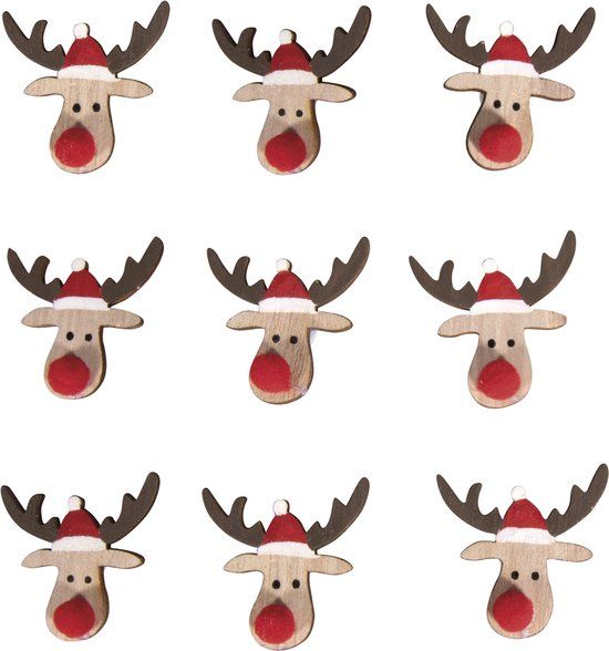 Rayher hobby materialen Houten kerst zelfklevende rendieren - Kerst knutselen - 9 stuks - 3.8x3.5 cm - kerstkaart