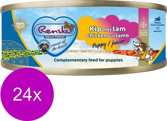 RENSKE Puppy/Junior kip met lam nat hondenvoer (blik 95 gr) 2 x 24 stuks