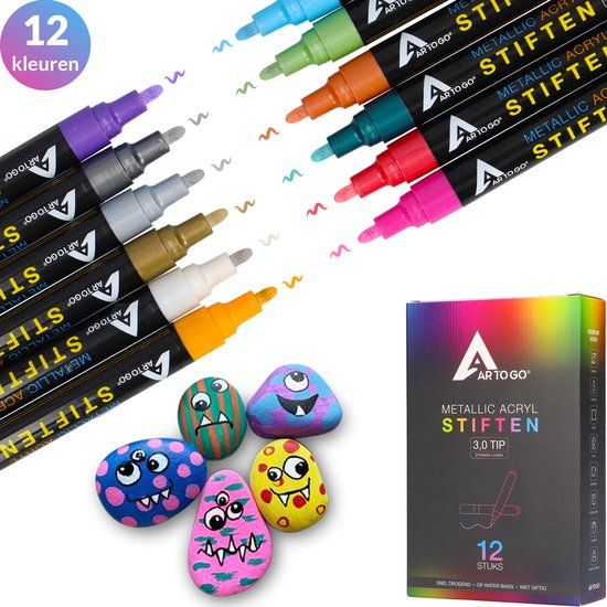 Ar-To-Go® Verfstiften - 12 kleuren - 3.0 tip - Acrylverf stiften voor Happy Stones