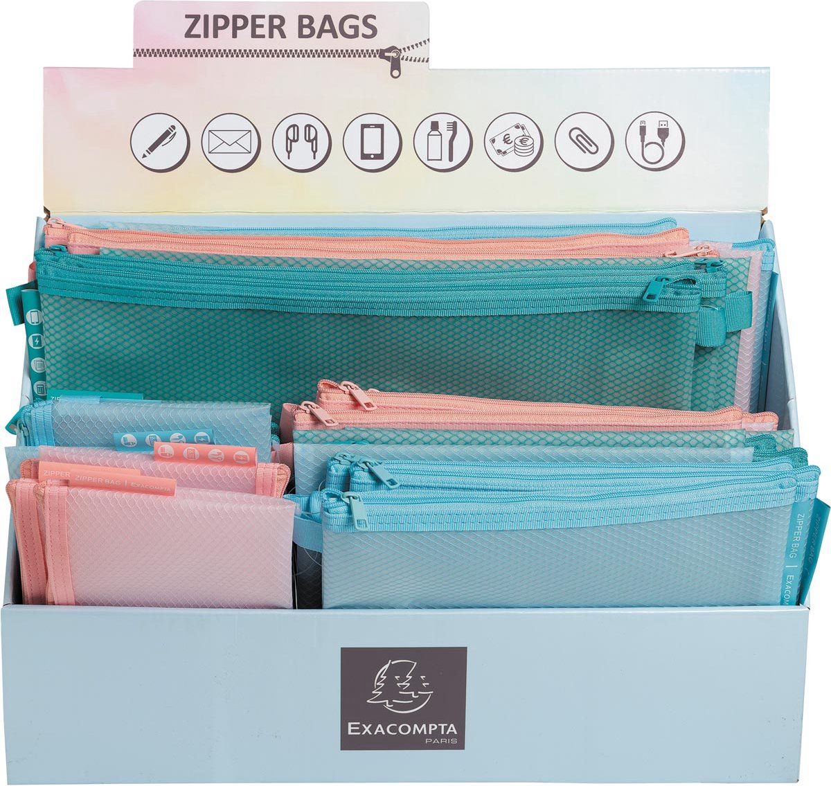 Exacompta Chromaline tassen met ritssluiting, display van 36 stuks, geassorteerde pastelkleuren en maten