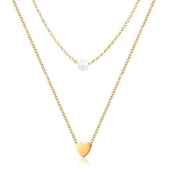 Cilla Jewels Dubbele ketting Edelstaal verguldkleurig Heart Pearl