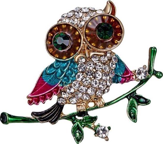 Fako Bijoux® Broche Uil Op Tak Kristal 40x33mm Goudkleurig