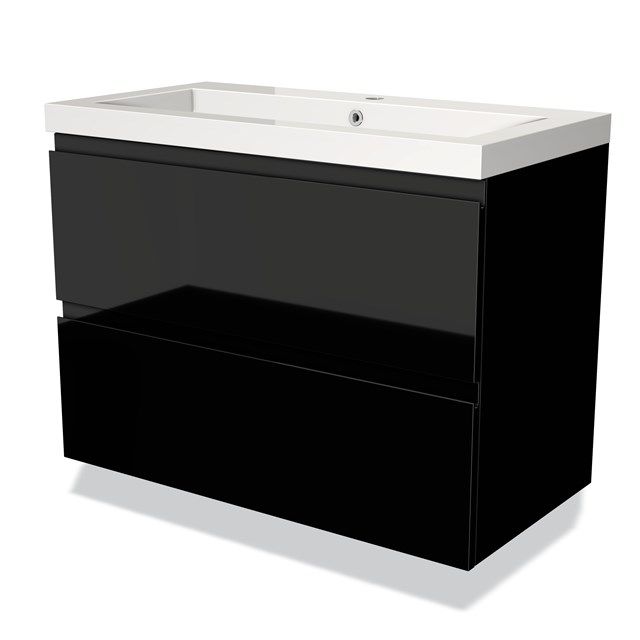 Maxaro Badkamermeubel 90cm Modulo Hoogglans Zwart 2 Lades Greeploos Wastafel Mineraalmarmer