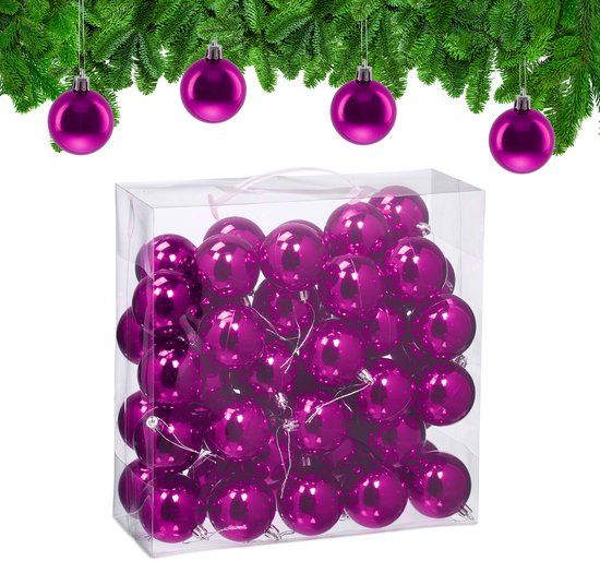 Relaxdays Kerstballen set van 50 - Ø 6 cm - glanzend - kunststof - paars