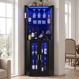 Vevor Armoire d'angle avec éclairage LED (dimmable), meuble bar à vin avec porte-verres et casier à vin, meuble d'angle avec protection anti-basculement, bar d'angle pour salon, salle à manger et cuisine, 50 x 50 x 170 cm noir