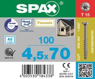 Spax Roestvaststalen schroef, 4,5 x 70 mm, 100 stuks, Deeldraad, Verzonken kop, T-STAR plus T20, 4CUT, Roestvast staal A2