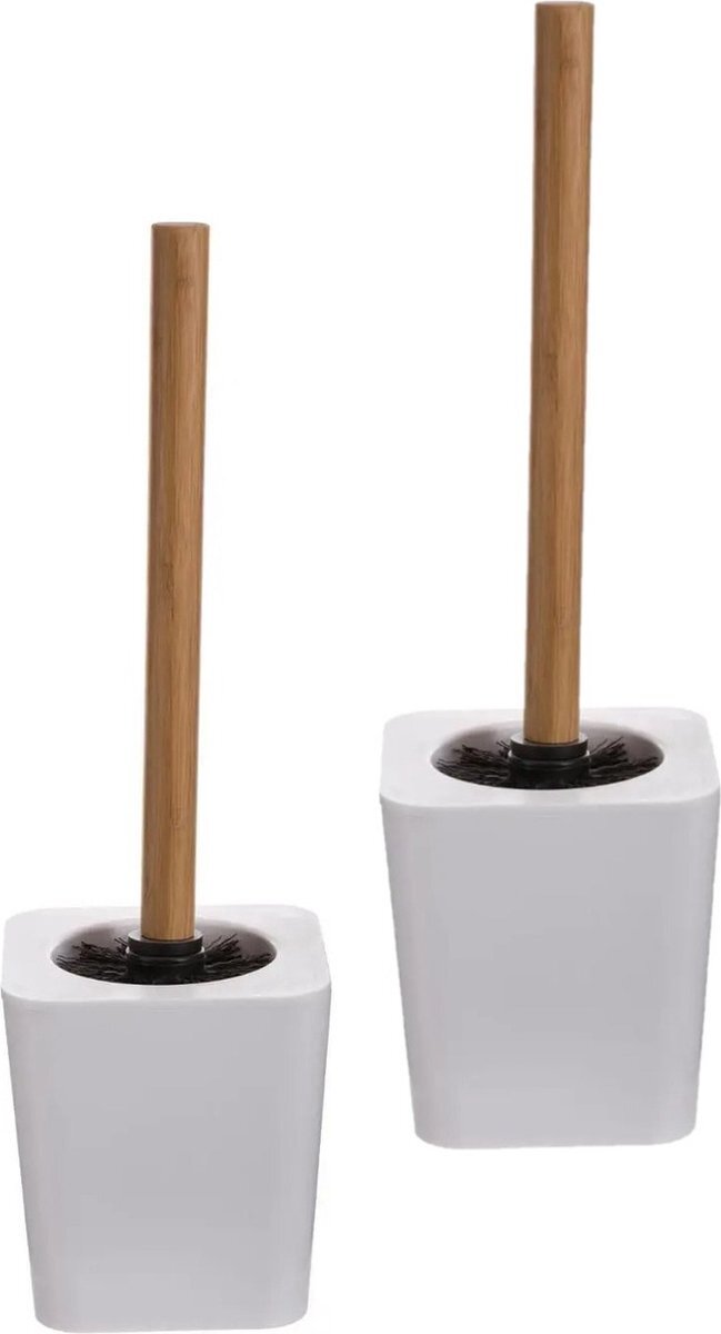 5five - WC-/toiletborstels houder wit kunststof/bamboe 38 cm - Set 2x