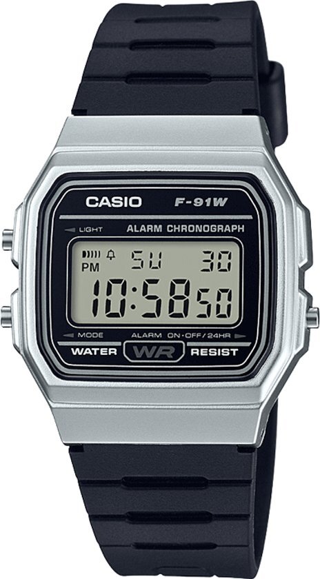 Casio Prachtige diditaal horloge met datumaanduiding-rubber band-zilverkleurig horlogekast.F-91W-7A