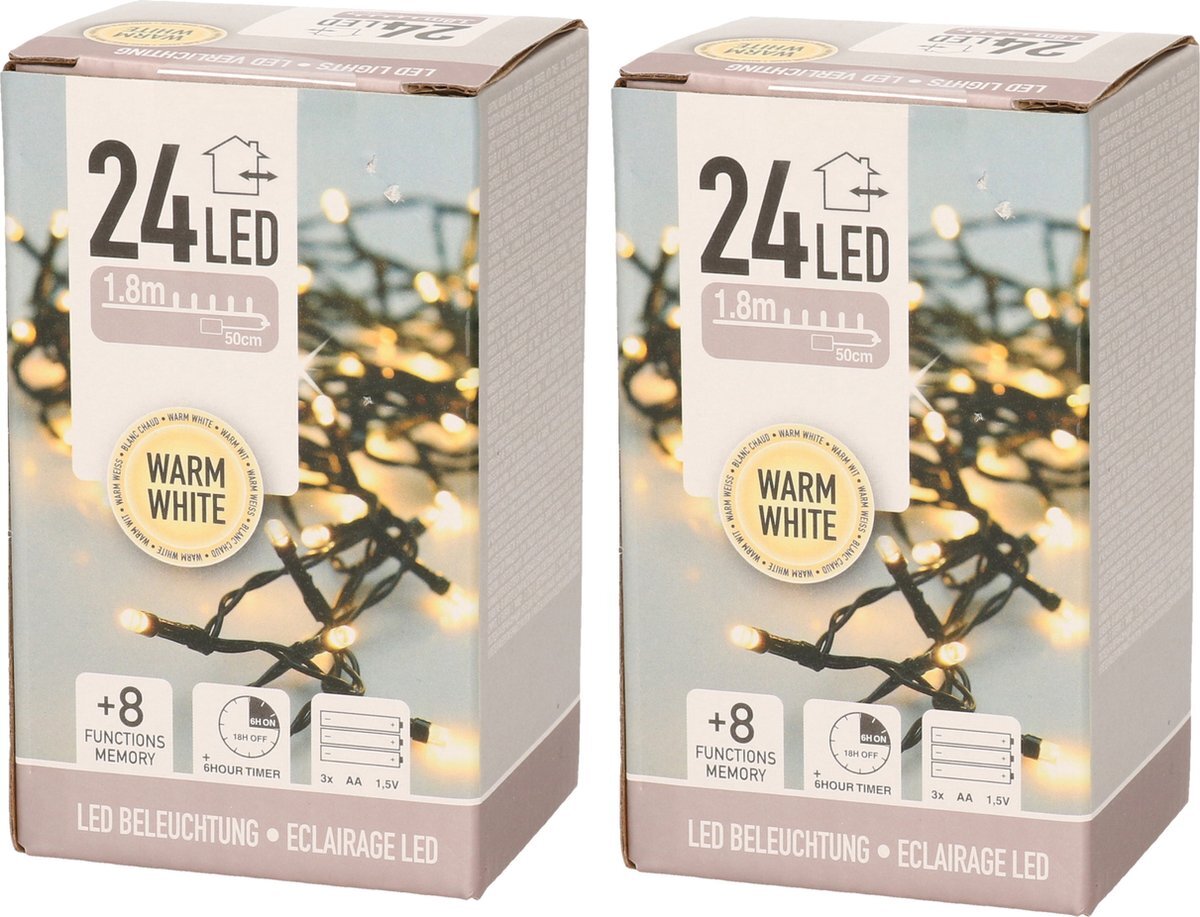 Anna's Collection 2x stuks kerstverlichting met timer 20 warm witte lampjes op batterijen - Lichtsnoer transparant met 20 leds