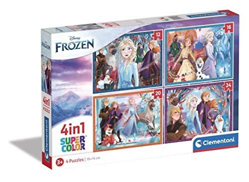 Clementoni 21518 Supercolor 4-in-1 Disney Frozen-puzzel, 12, 16, 20, 24 delen vanaf 3 jaar, kleurrijke kinderpuzzel met bijzondere helderheid en kleurintensiteit, behendigheidsspel voor kinderen