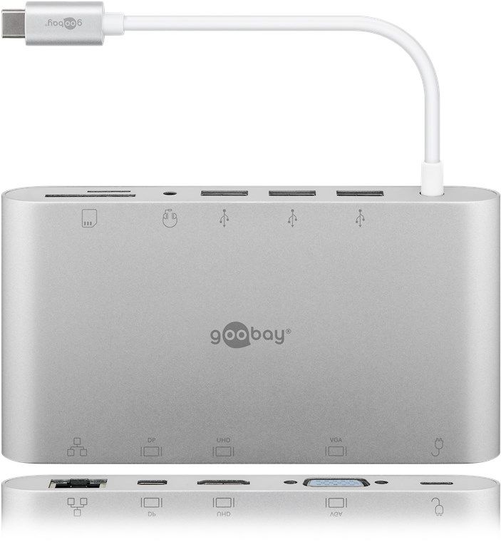 Goobay USB-C Docking Station - 3x USB-A, HDMI, VGA, MiniDP, Ethernet, Card Reader - Silver