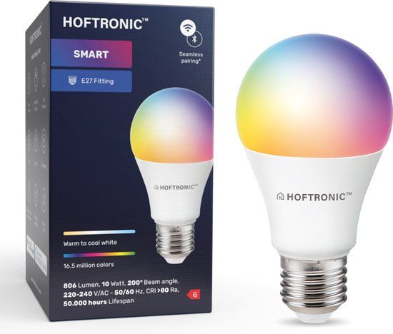 Hoftronic Smart E27 LED Smart Lamp - WiFi, Bluetooth, Dimmable, RGBWW, 10W, 806lm, 2700-6000K - Compatible with Smart Assistants